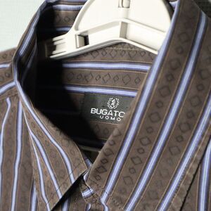Bugatchi Uomo Button Shirt Mens XXL Brown Blue Stripe Diamond All Over AOP GUC